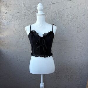 Black Lace‎ Trim Cami Top Tie Front Adjustable Straps Ruffled Hem